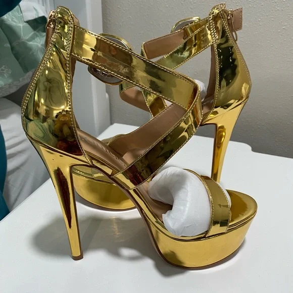Gold Strappy High Heel Sandals - Picture 1 of 7